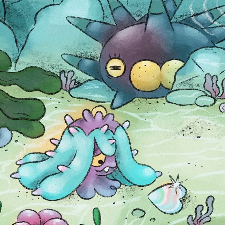 mareanie, pincurchin, nintendo, pokemon, gen 7 pokemon, gen 8 pokemon, isaac capp, no humans, outdoors, pokemon (creature), rock, sand, seaweed, shell, spikes, underwater