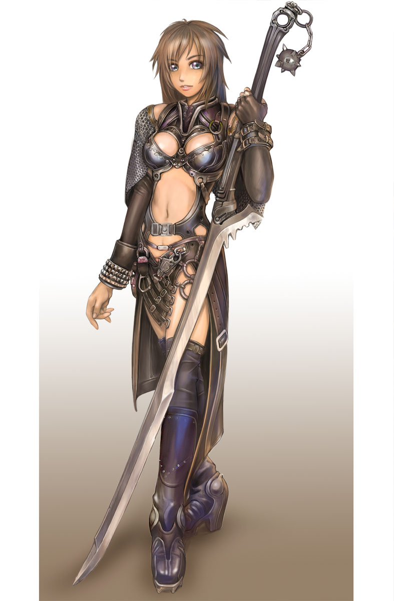 kuratch, original, highres, 1girl, boots, brown hair, female focus, gloves, midriff, single glove, solo, strap, sword, thighhighs, weapon