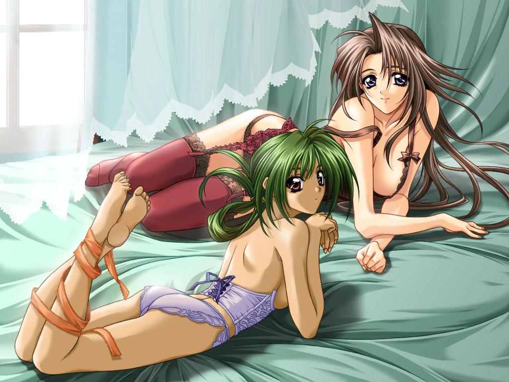 hashimoto takashi, amamiya michiru, cyamna fon, with you, lace-trimmed legwear, jpeg artifacts, 00s, 2girls, antenna hair, areola slip, ass, back, barefoot, bdsm, bed, blue eyes, blue panties, bondage, bound, bow, bow bra, bra, breasts, brown hair, bustier, corset, curtains, feet, garter belt, garter straps, green hair, grey hair, hair up, lace, lace trim, large breasts, legs, legs up, lingerie, long hair, looking back, lying, mature female, multiple girls, no bra, on side, on stomach, panties, purple eyes, red eyes, red thighhighs, ribbon, ribbon bondage, see-through clothes, sideboob, smile, soles, strap slip, tan, thighhighs, underwear, underwear only, very long hair, window