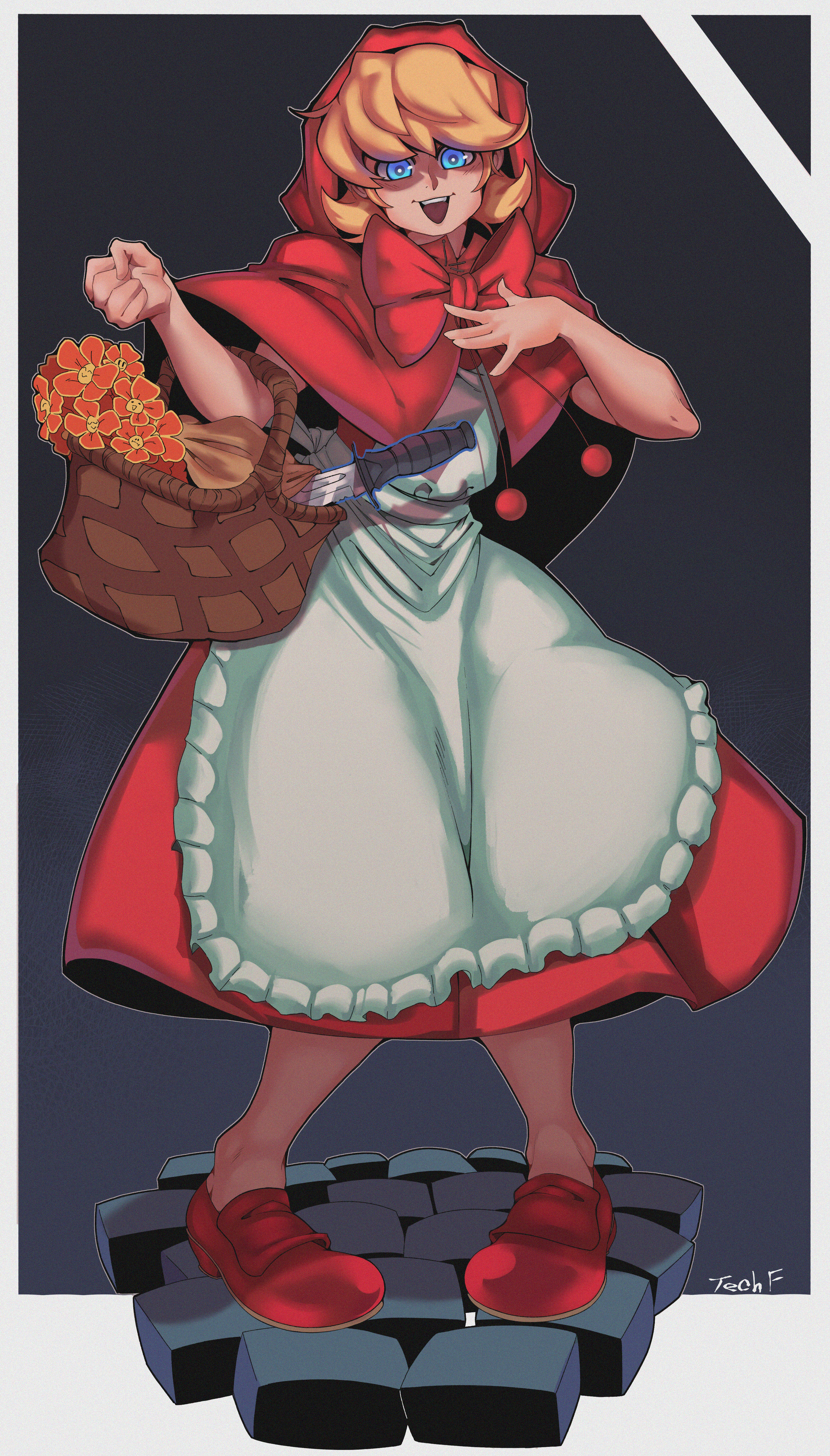 techfuzz, b.b. hood, darkstalkers, fluffy hair, absurdres, commission, highres, 1girl, apron, artist name, basket, black background, blonde hair, blue eyes, border, bow, capelet, clenched hand, combat knife, dress, flower, flower basket, glowing, glowing eyes, hand on own chest, hand up, holding, hood, hooded capelet, knife, open hand, open mouth, picnic basket, pigeon-toed, pom pom (clothes), red bow, red dress, red hood, red shoes, shaded face, shadow, shoes, short hair, smile, solo, standing, teeth, upper teeth only, weapon, white border