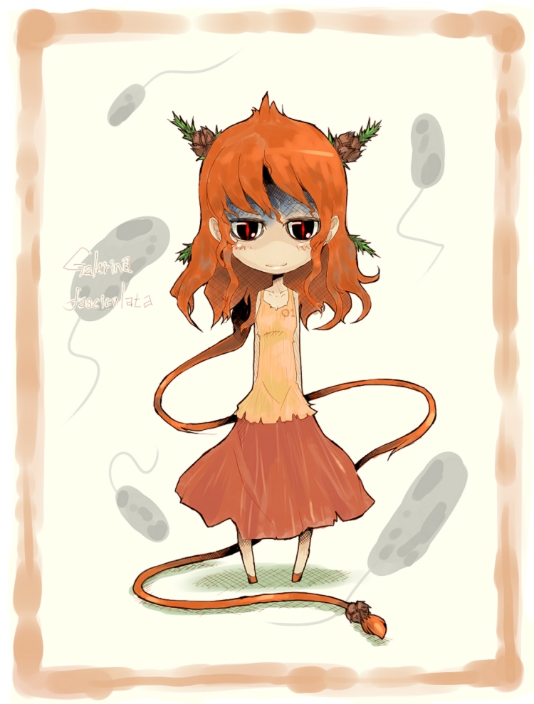oso (toolate), galerina fasciculata, original, oso-teki kinoko gijinka zukan, 1girl, bare shoulders, chibi, female focus, long hair, mushroom, orange hair, personification, red eyes, sleeveless, smile, solo