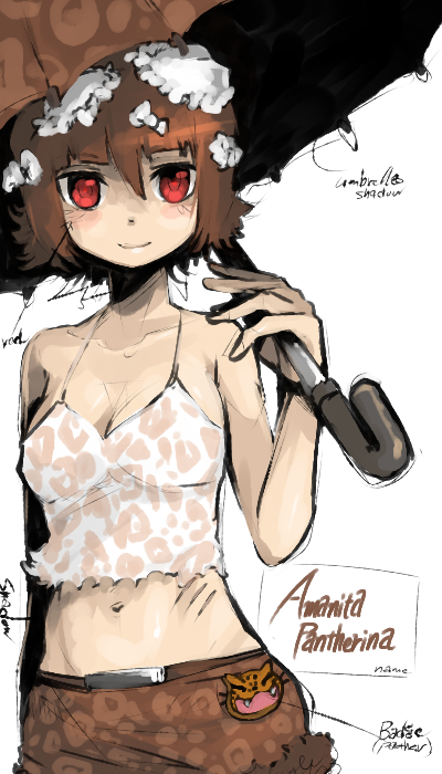 oso (toolate), amanita pantherina, original, oso-teki kinoko gijinka zukan, 1girl, bare shoulders, belt, brown hair, female focus, midriff, mushroom, personification, red eyes, short hair, simple background, sleeveless, smile, solo, umbrella