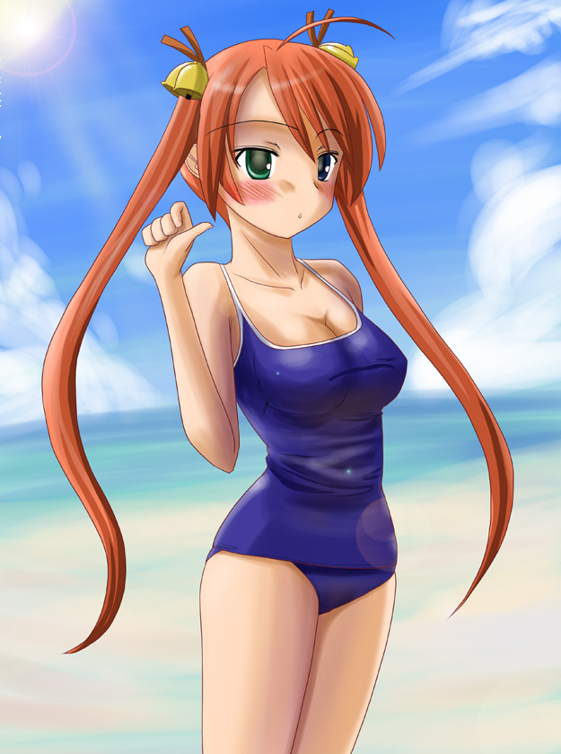 suisei yui, kagurazaka asuna, mahou sensei negima!, 00s, 1girl, ahoge, beach, bell, breasts, female focus, green eyes, heterochromia, large breasts, long hair, one-piece swimsuit, orange hair, school swimsuit, solo, swimsuit, twintails