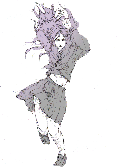 yamagishi yukako, jojo no kimyou na bouken, 1girl, female focus, long hair, midriff, monochrome, navel, purple theme, school uniform, serafuku, shoes, sketch, skirt, socks, solo