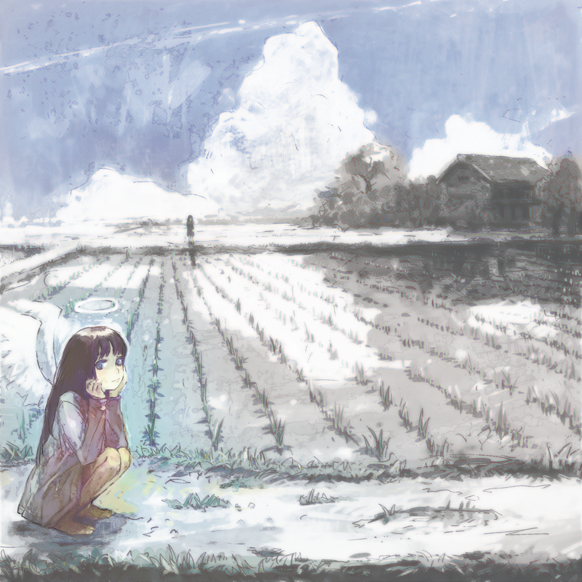 nimirom, original, commentary request, 2girls, angel, angel wings, barefoot, black hair, blue dress, blue eyes, blue sky, closed mouth, cloud, day, dress, halo, hands on own face, head rest, horizon, house, long hair, long sleeves, looking at viewer, looking to the side, multiple girls, outdoors, rice paddy, scenery, sideways glance, sky, squatting, traditional halo, tree, white wings, wide shot, wings
