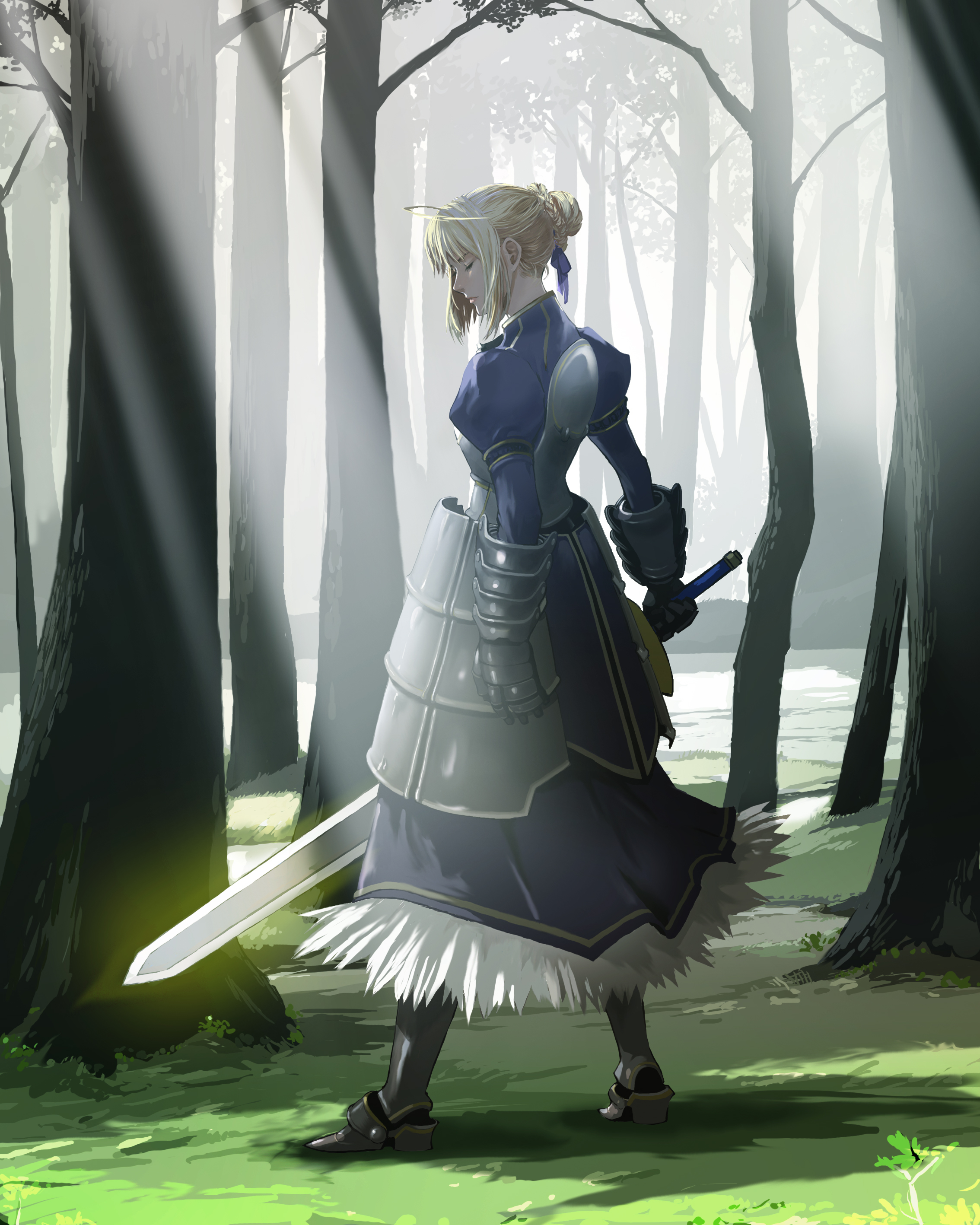 enami katsumi, artoria pendragon (fate), saber (fate), fate/stay night, fate (series), absurdres, highres, 00s, 1girl, ahoge, armor, armored dress, blonde hair, braid, closed eyes, dress, excalibur (fate/stay night), faulds, female focus, forest, gauntlets, glowing, glowing sword, glowing weapon, greaves, hair bun, hair ribbon, nature, profile, realistic, ribbon, single hair bun, solo, sword, weapon