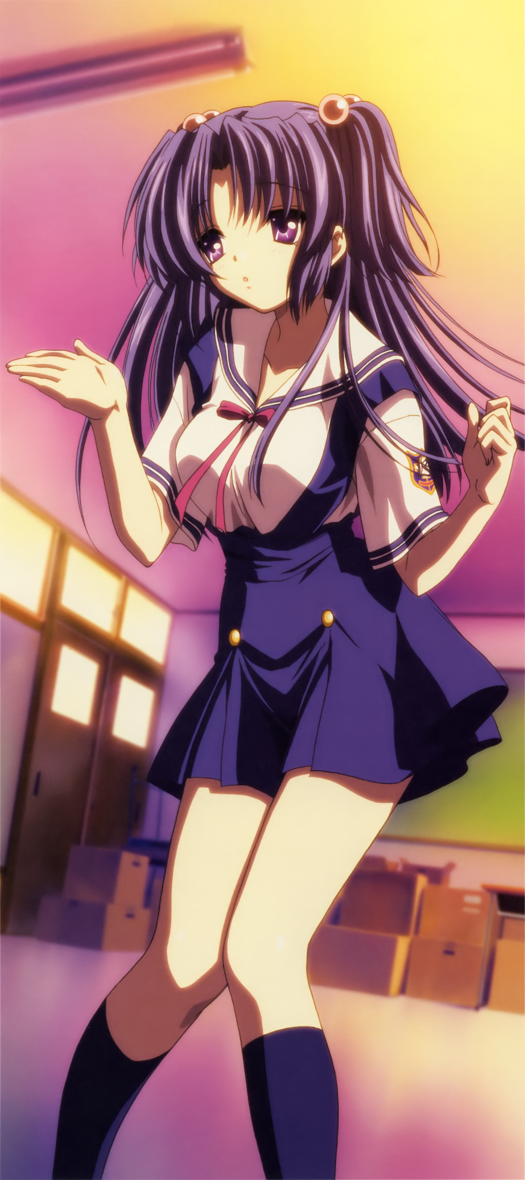 ichinose kotomi, clannad, absurdres, highres, long image, non-web source, official art, tall image, 00s, 1girl, blue hair, breasts, female focus, hair bobbles, hair ornament, indoors, kneehighs, long hair, poster (medium), purple eyes, purple hair, school uniform, serafuku, short twintails, socks, solo, stick poster, twintails, two side up