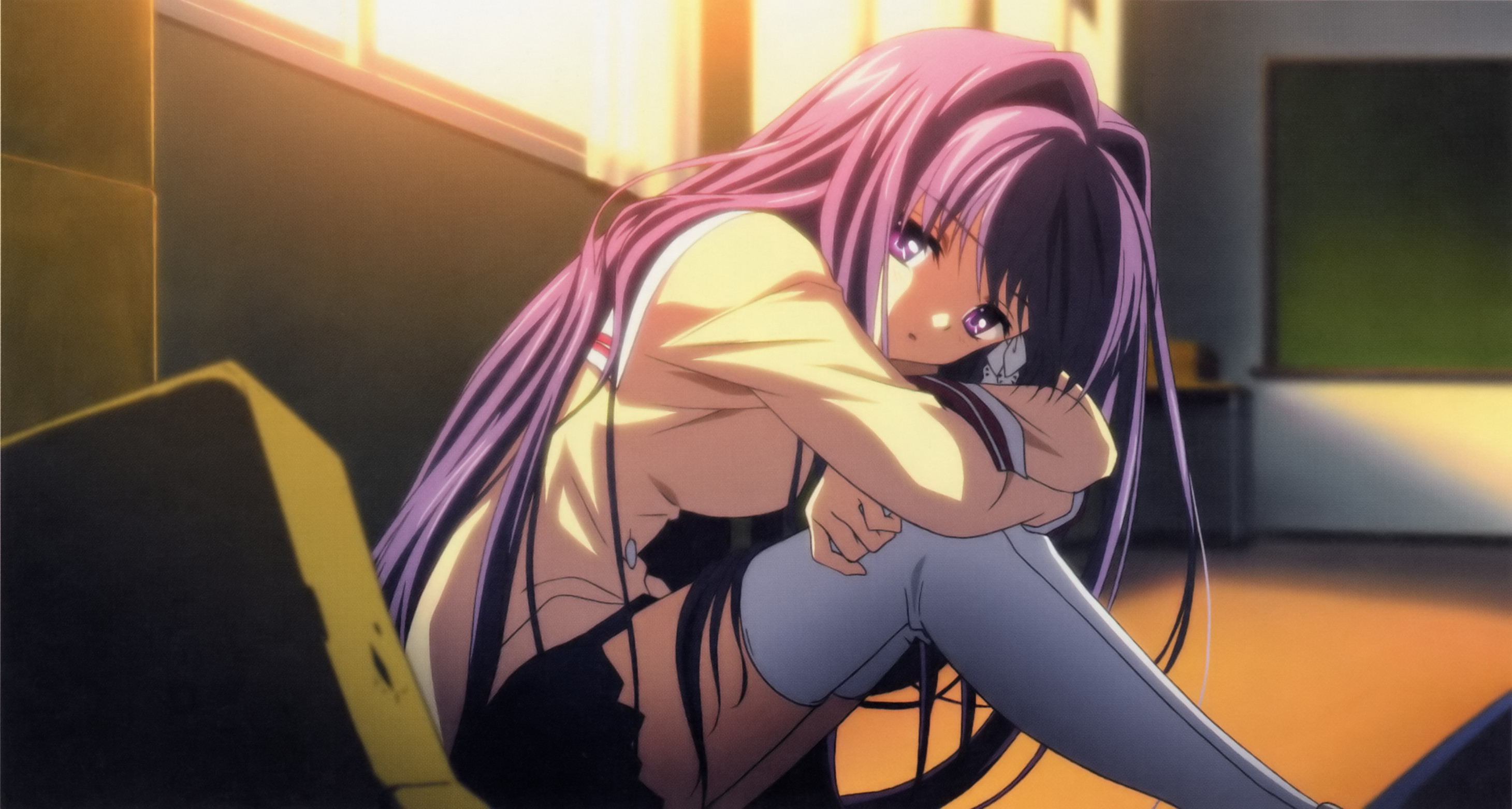 fujibayashi kyou, clannad, highres, non-web source, official art, scan, 00s, 1girl, female focus, hair ribbon, long hair, purple eyes, purple hair, ribbon, sad, school uniform, serafuku, shoes, solo, thighhighs, very long hair, white thighhighs, zettai ryouiki