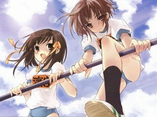 ito noizi, nagato yuki, suzumiya haruhi, suzumiya haruhi no yuuutsu, lowres, non-web source, 00s, bar (place), buruma, gym uniform, horizontal bar, qvga