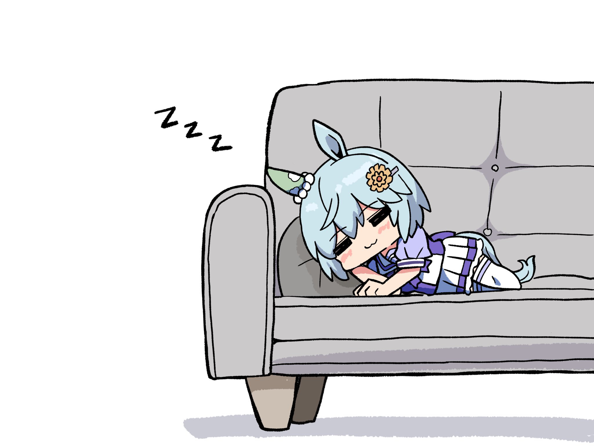 kawamochi (tddm3573), seiun sky (umamusume), umamusume, highres, 1girl, :3, = =, animal ears, blue hair, blush, bow, chibi, closed eyes, closed mouth, couch, flower, hair between eyes, hair flower, hair ornament, hairclip, horse ears, horse girl, horse tail, mini person, minigirl, on couch, pillow, pleated skirt, puffy short sleeves, puffy sleeves, purple bow, purple shirt, school uniform, shadow, shirt, short sleeves, simple background, skirt, sleeping, solo, tail, thighhighs, tracen school uniform, white background, white skirt, white thighhighs, yellow flower, zzz