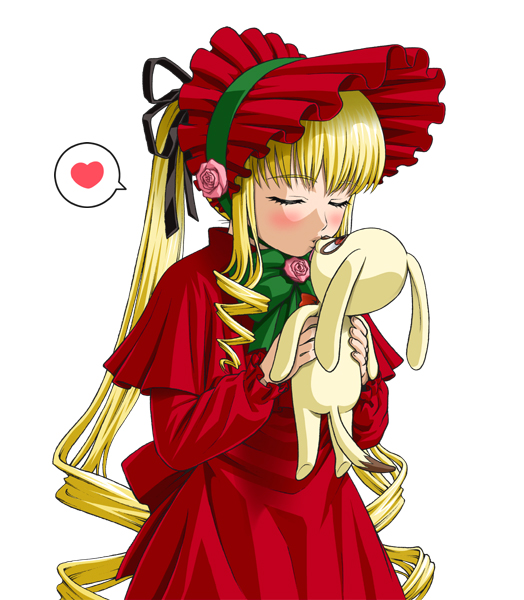 ichikawa masahiro, kunkun, shinku, rozen maiden, 00s, blonde hair, bonnet, closed eyes, curly hair, dress, frills, heart, kiss, long hair, ribbon, solo