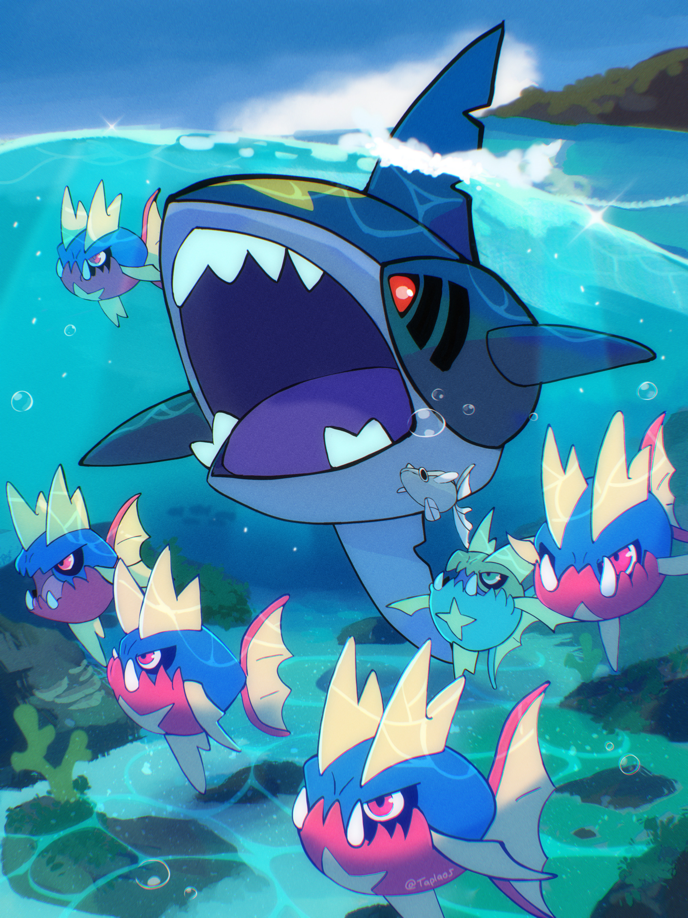 taplaos, carvanha, remoraid, sharpedo, nintendo, pokemon, absurdres, highres, air bubble, blue sky, bubble, cloud, day, gen 2 pokemon, gen 3 pokemon, island, no humans, ocean, open mouth, outdoors, partially underwater shot, pokemon (creature), red eyes, rock, sand, seaweed, sky, teeth, tusks, water