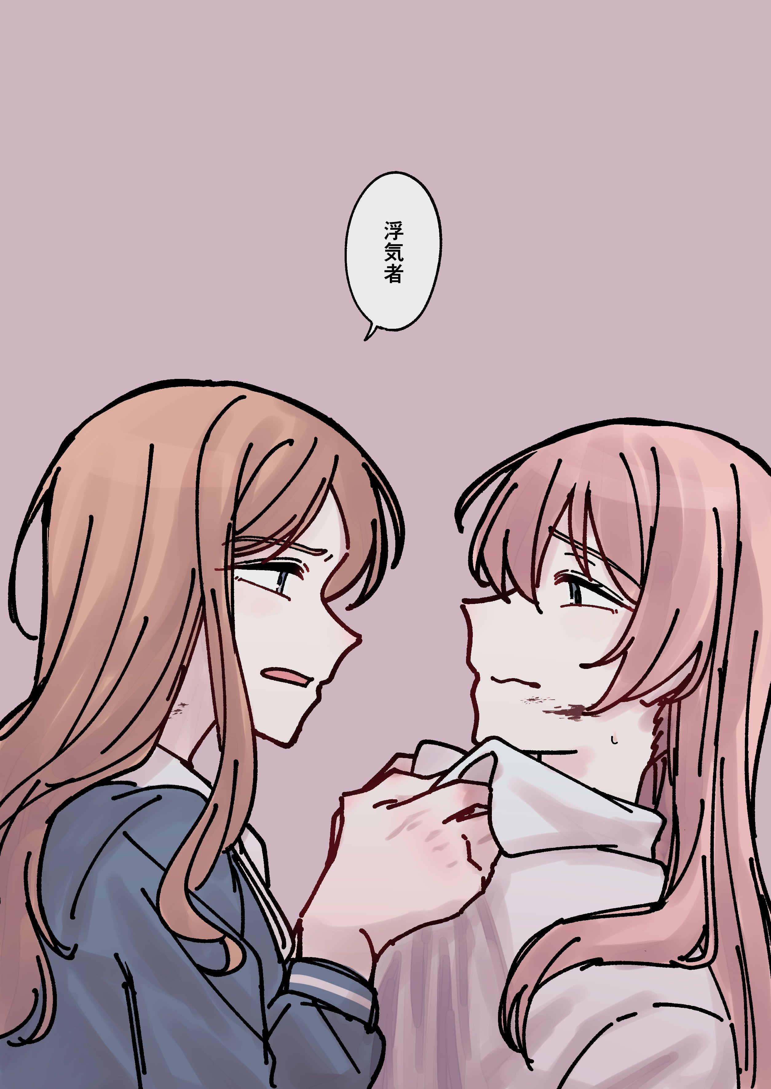 shibadooog, chihaya anon, nagasaki soyo, bang dream!, bang dream! it's mygo!!!!!, absurdres, commentary request, highres, translation request, 2girls, blood, blood on face, blue eyes, blue shirt, brown hair, closed mouth, clothes grab, collared shirt, grey eyes, long hair, looking at another, multiple girls, pink hair, school uniform, shirt, shirt grab, speech bubble, tsukinomori school uniform, white shirt