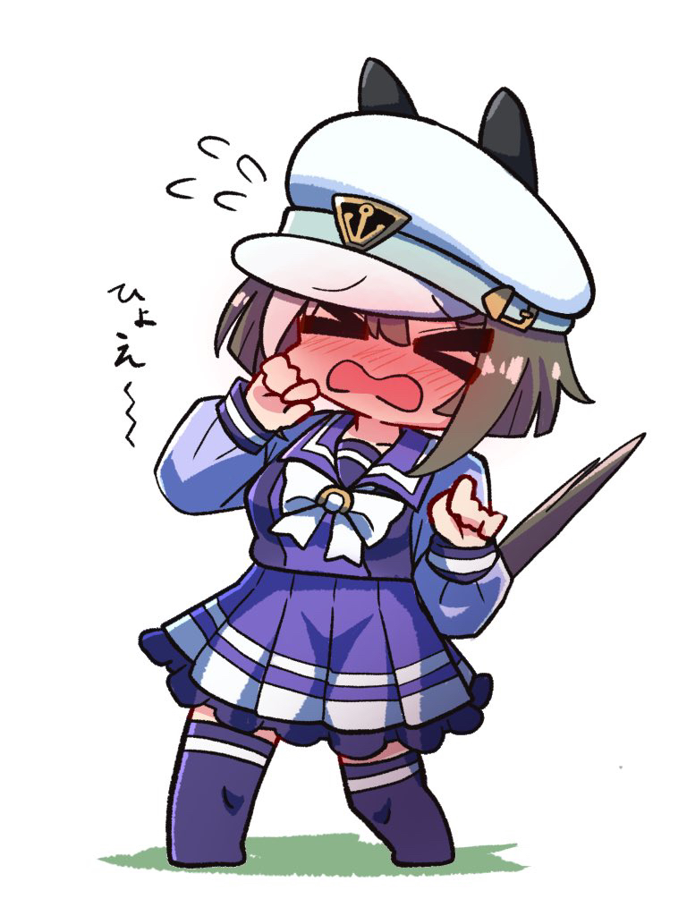 kawamochi (tddm3573), cheval grand (umamusume), umamusume, translation request, > <, 1girl, animal ears, blush, bow, breasts, brown hair, chibi, closed eyes, colored shadow, ears through headwear, flying sweatdrops, full-face blush, full body, hands up, hat, horse ears, horse girl, horse tail, long sleeves, medium breasts, multicolored hair, no shoes, open mouth, peaked cap, pleated skirt, puffy long sleeves, puffy sleeves, purple shirt, purple skirt, purple thighhighs, school uniform, shadow, shirt, simple background, skirt, sleeves past wrists, solo, standing, stiff tail, streaked hair, tail, thighhighs, tracen school uniform, wavy mouth, white background, white bow, white hair, white hat