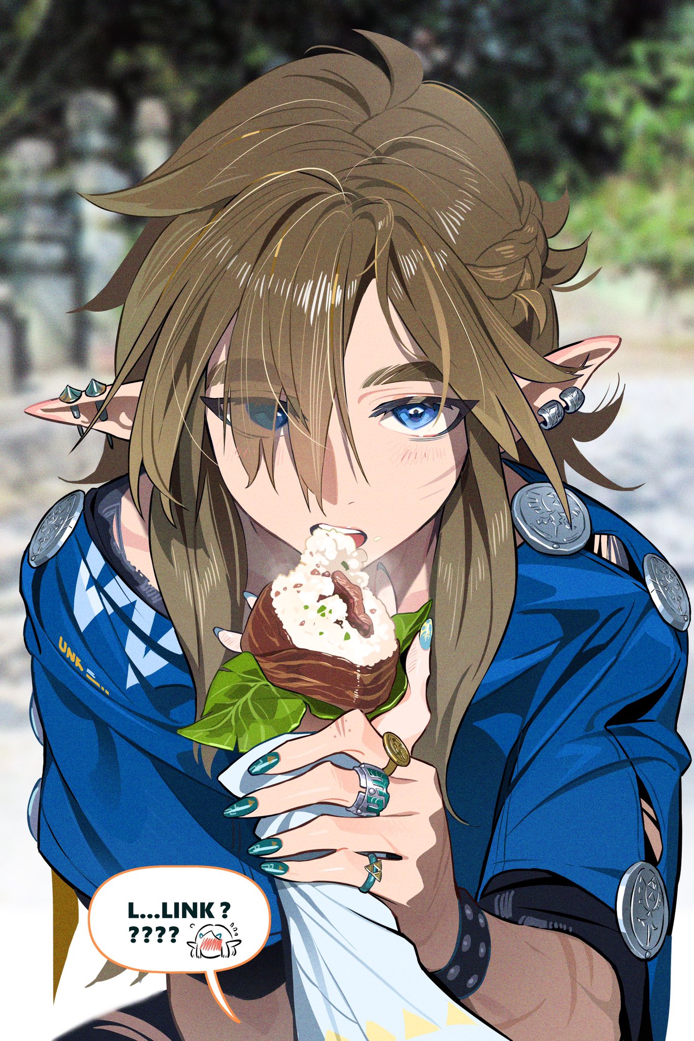 tizibade, link, princess zelda, nintendo, the legend of zelda, the legend of zelda: tears of the kingdom, chinese commentary, commentary, highres, …, 1boy, 1girl, ?, ??, blue eyes, blue shirt, blurry, blurry background, blush, bracelet, brown hair, contemporary, ear piercing, earrings, english text, eyes visible through hair, female pov, food, gradient background, hair between eyes, holding, holding another's wrist, holding food, jewelry, light blush, long hair, long sleeves, male focus, nail art, nail polish, onigiri, out of frame, piercing, plant, pointy ears, pov, pov hands, rice, scar, shirt, sleeves past wrists, solo focus, speech bubble, spoken blush, striped blush, triforce, triforce print