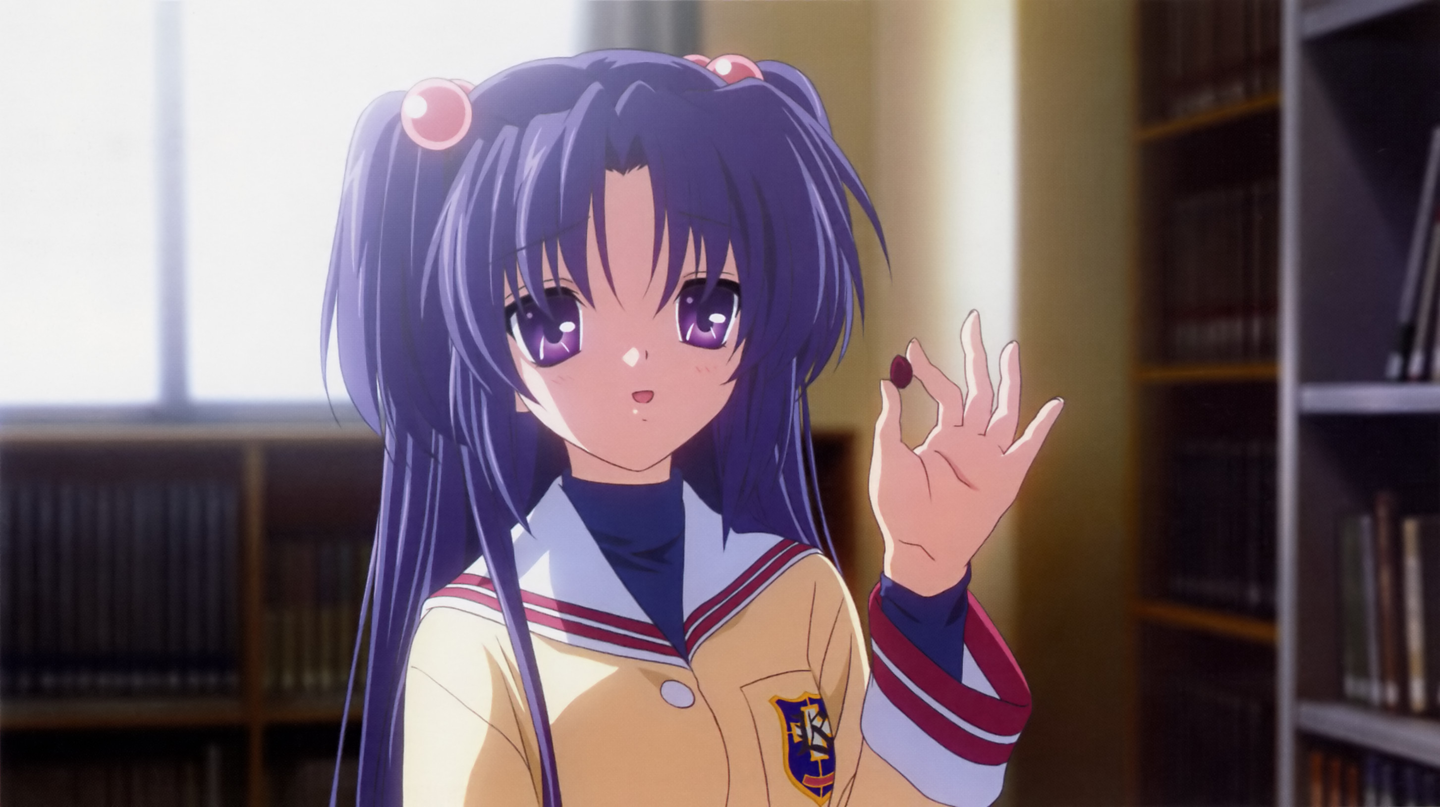 ichinose kotomi, clannad, highres, non-web source, 00s, 1girl, blue hair, female focus, hair bobbles, hair ornament, long hair, purple eyes, school uniform, serafuku, solo, two side up