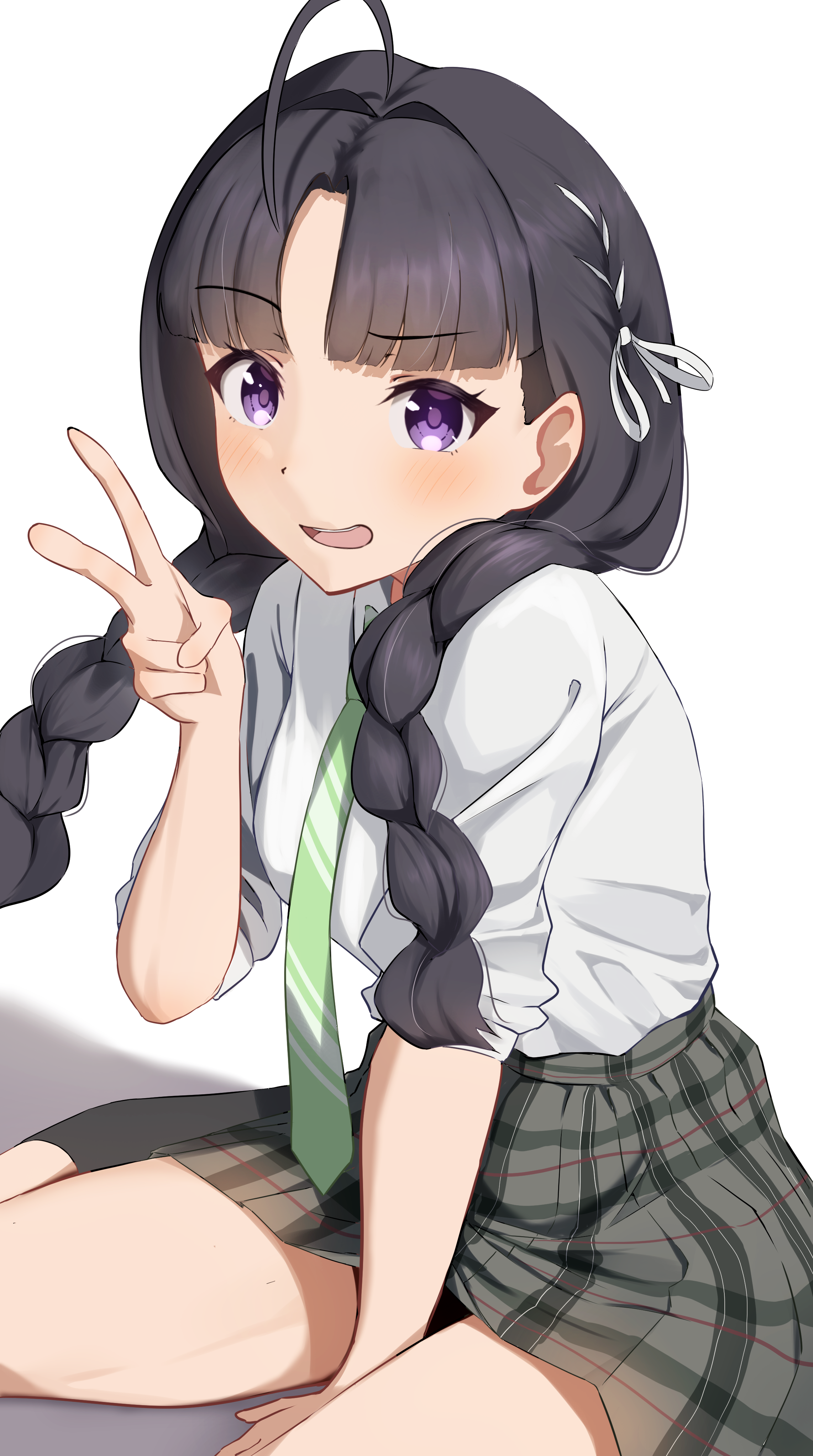 nanafuku, awa subaru, girls band cry, absurdres, commentary request, highres, 1girl, ahoge, arm between legs, black socks, blush, braid, grey skirt, hair intakes, hair ribbon, hand up, kneehighs, long hair, open mouth, parted bangs, purple eyes, ribbon, shirt, short sleeves, sitting, skirt, socks, solo, teeth, twin braids, upper teeth only, v, white ribbon, white shirt
