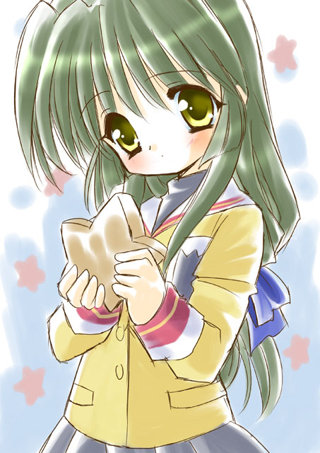 azumaki-shippo, ibuki fuuko, clannad, 00s, 1girl, female focus, green hair, long hair, school uniform, serafuku, solo, standing, starfish, yellow eyes