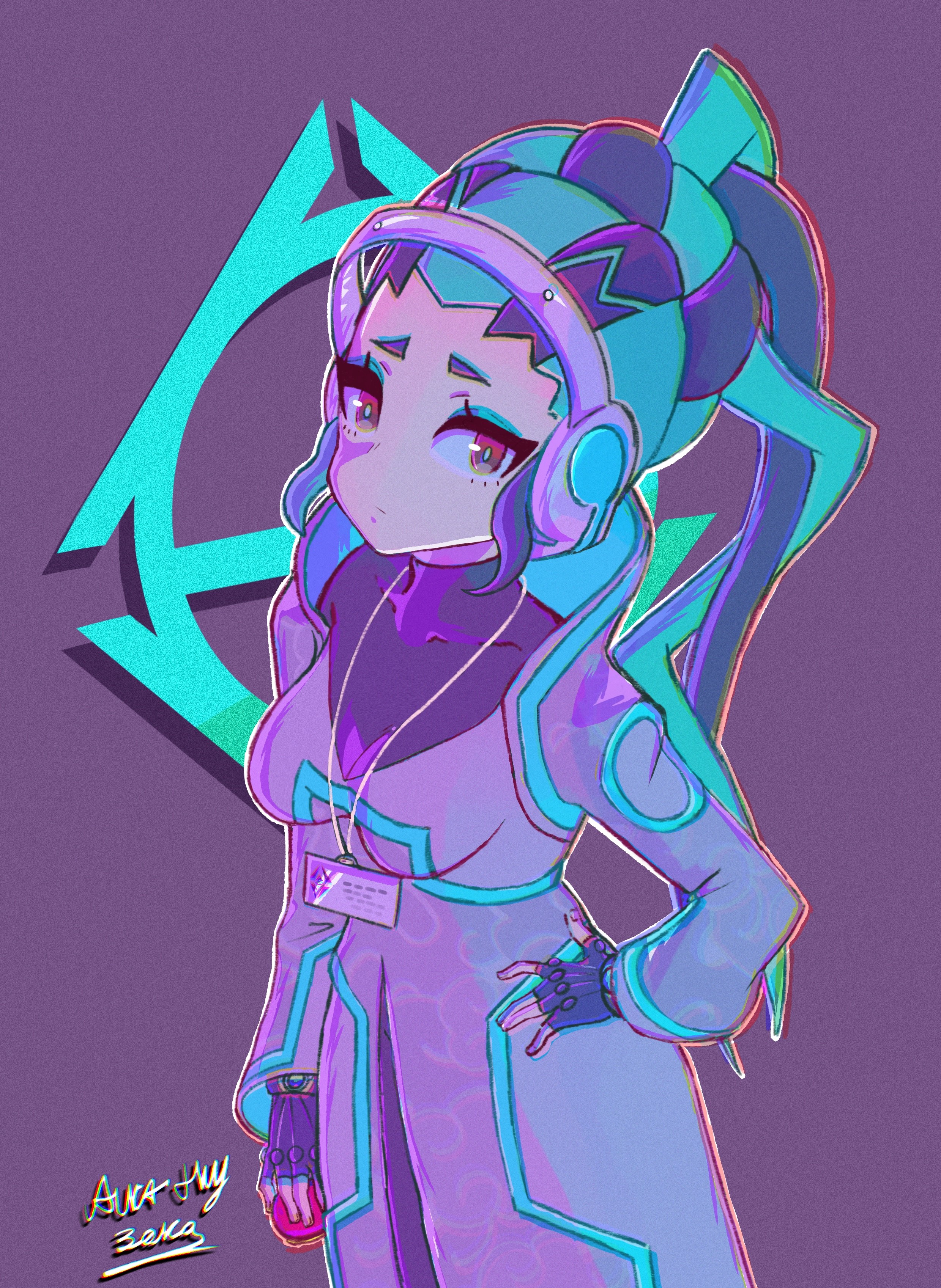 aurax118, nintendo, pokemon, pokemon unite, absurdres, commentary, english commentary, highres, 1girl, black gloves, black hair, breasts, chromatic aberration, closed mouth, eyelashes, eyeshadow, fingerless gloves, gloves, green eyeshadow, green hair, green pupils, hand on own hip, headset, holding, id card, lab coat, long hair, long sleeves, makeup, multicolored hair, ponytail, professor phorus, purple background, red eyes, signature, simple background, solo, two-tone hair