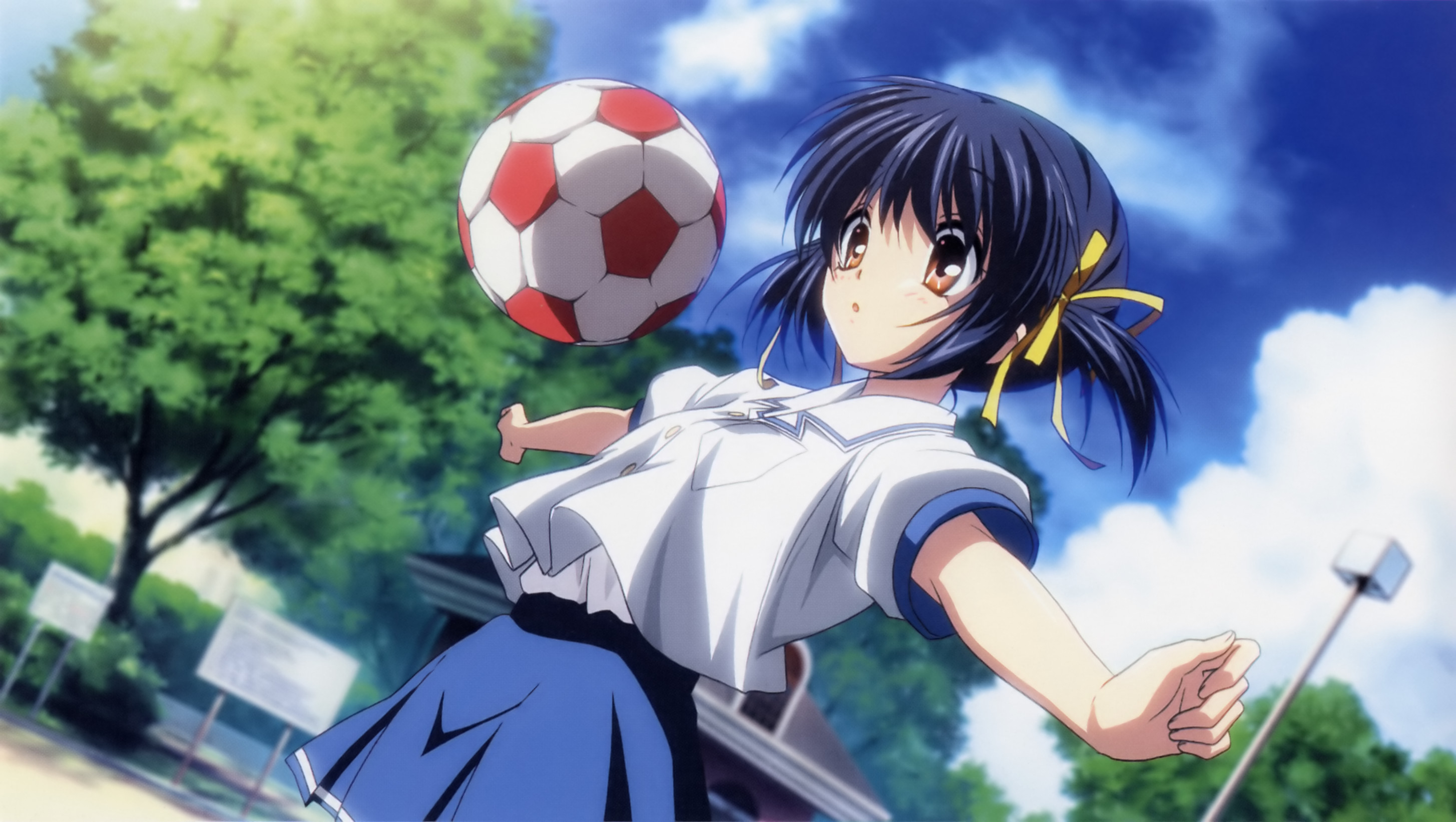sunohara mei, clannad, highres, non-web source, official art, 00s, ball, blue hair, bow, brown eyes, short hair, soccer ball, solo, telstar, twintails