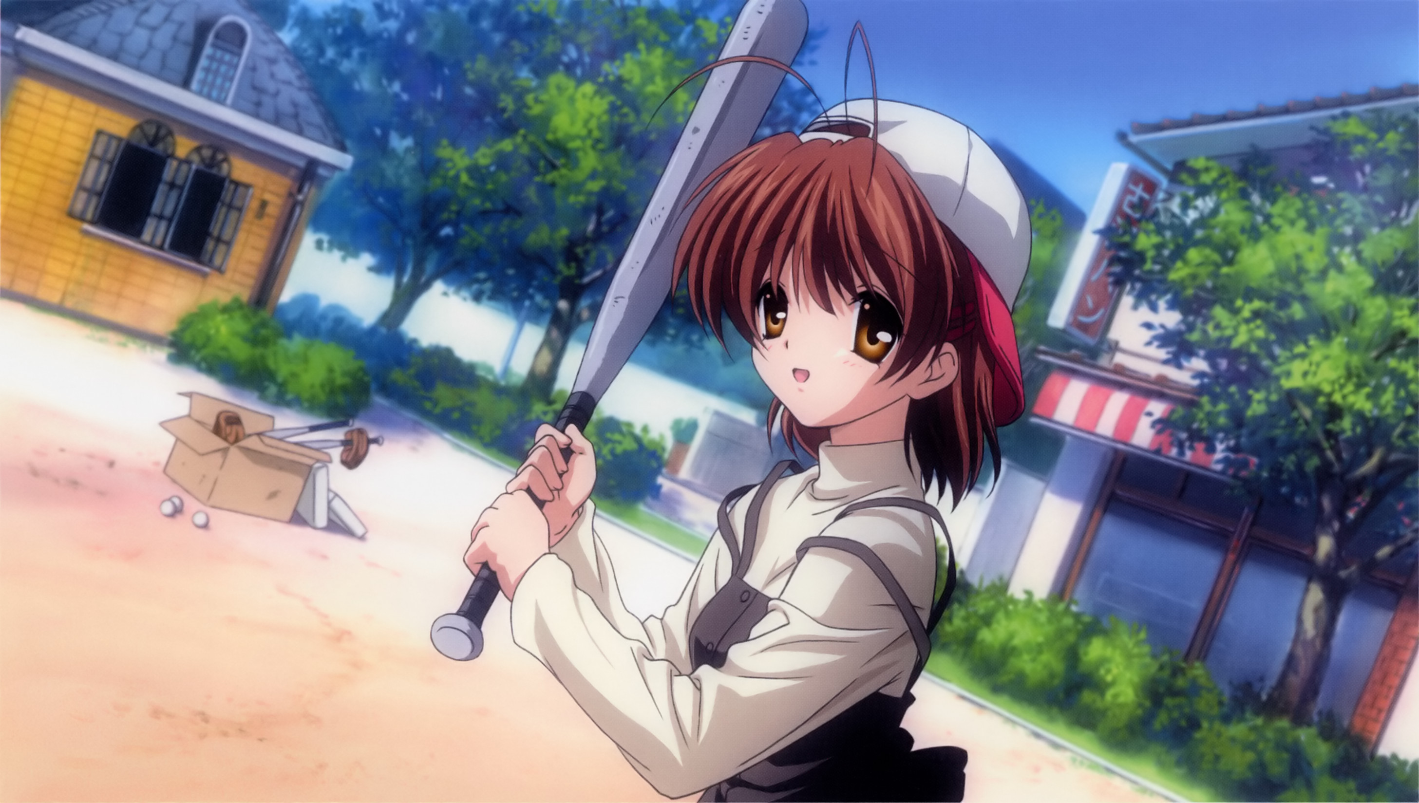 furukawa nagisa, clannad, highres, non-web source, official art, 00s, antenna hair, baseball bat, baseball cap, brown eyes, brown hair, hat, short hair, solo