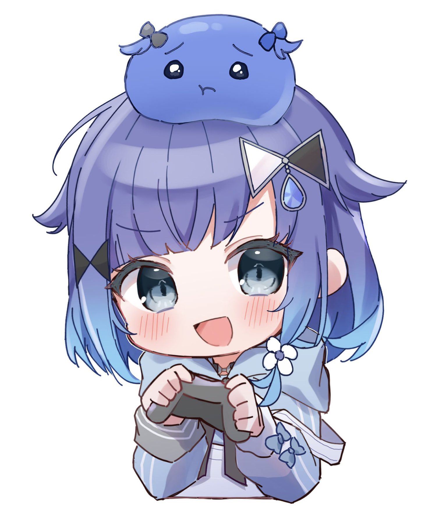 yunagi (yng hoti), tsumugi kokage, vspo!, highres, 1girl, blue eyes, blue hair, blue hoodie, blush, chibi, creature on head, flower, gradient hair, hair flower, hair ornament, holding, hood, hood down, hoodie, looking at viewer, multicolored hair, open mouth, simple background, solo, virtual youtuber, white background