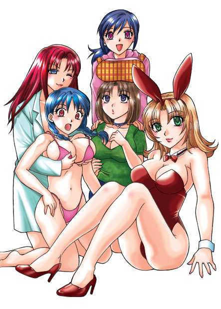 ureshino, 5girls, animal ears, bare legs, bikini, blonde hair, blue eyes, blue hair, breast rest, breasts, breasts on head, brown hair, cleavage, fake animal ears, grabbing another's breast, green eyes, groping, high heels, large breasts, long hair, multiple girls, open clothes, open shirt, playboy bunny, rabbit ears, red eyes, red hair, shirt, shoes, short hair, swimsuit