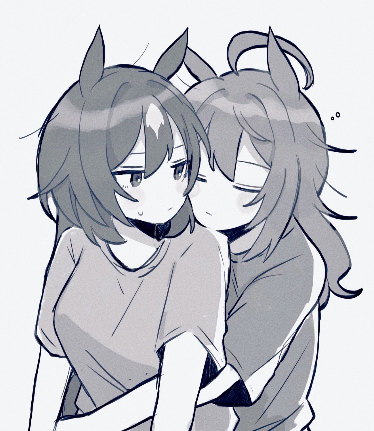nakayama festa (umamusume), sirius symboli (umamusume), umamusume, commentary request, highres, 2girls, 47oysm, animal ears, closed eyes, closed mouth, horse ears, horse girl, hug, hug from behind, long hair, multiple girls, shirt, short sleeves, sweat, yuri