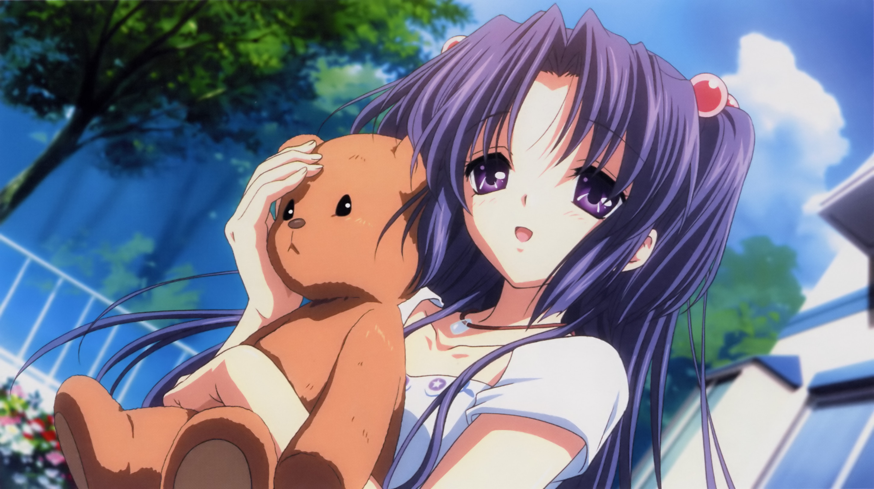 ichinose kotomi, clannad, highres, non-web source, official art, 00s, 1girl, bear, blue hair, day, dress, female focus, hair bobbles, hair ornament, purple eyes, solo, stuffed animal, stuffed toy, sundress, teddy bear, two side up