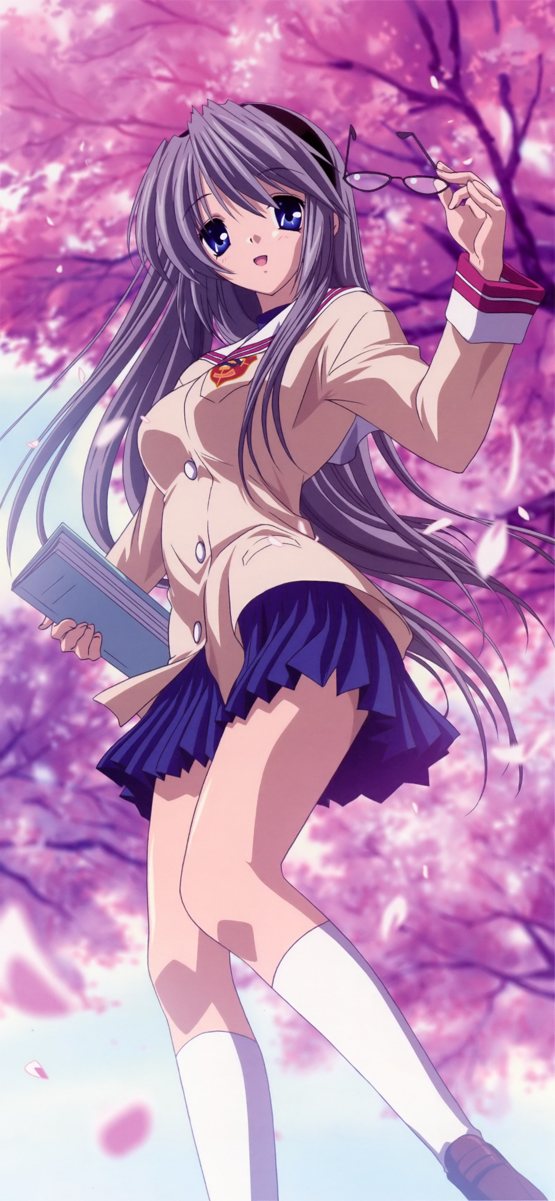 sakagami tomoyo, clannad, silver hair, absurdres, highres, long image, non-web source, tall image, 00s, 1girl, blue eyes, female focus, glasses, hairband, headband, kneehighs, long hair, open mouth, petals, poster (medium), school uniform, serafuku, skirt, socks, solo, stick poster, very long hair