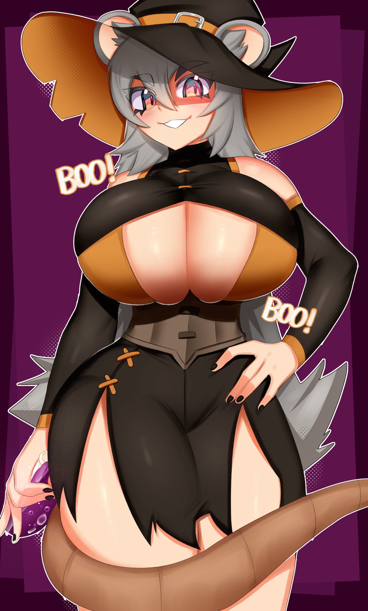 chomperwhy, boo the rat, 1girl, animal ears, blush, breasts, cleavage cutout, clothing cutout, detached sleeves, dress, grey hair, hand on own hip, hat, huge breasts, long hair, mouse tail, nails, open mouth, pink hair, purple background, smile, tail, teeth, thick thighs, thighs, torn clothes, virtual youtuber, witch hat