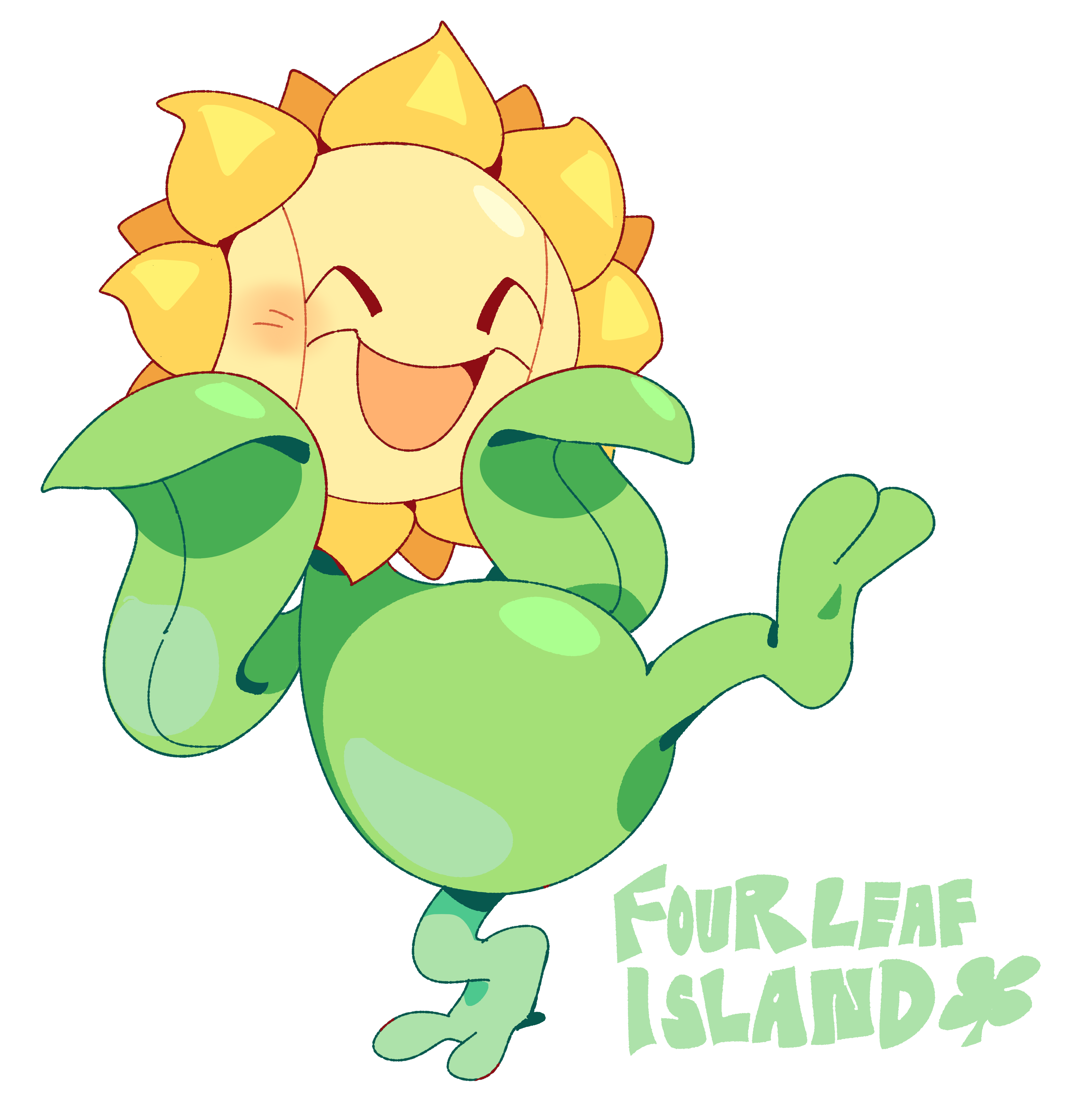 fourleafisland, sunflora, nintendo, pokemon, absurdres, highres, artist name, blush, closed eyes, gen 2 pokemon, no humans, open mouth, pokemon (creature), simple background, standing, standing on one leg, white background