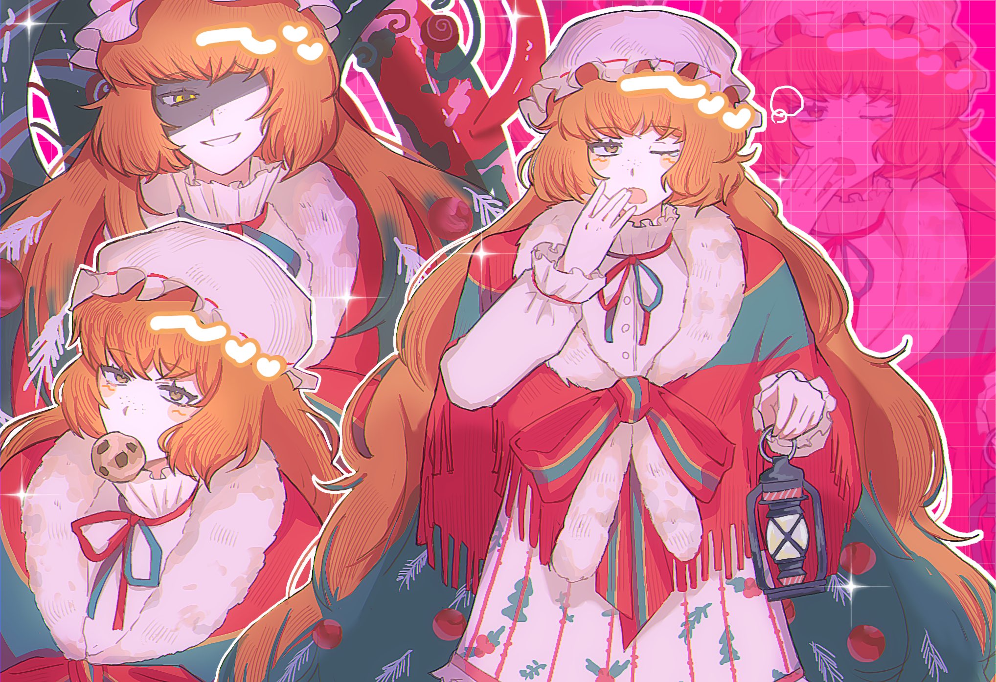 suzuki 555, ishmael (project moon), limbus company, project moon, commentary, highres, symbol-only commentary, 1girl, christmas nightmare (e.g.o), cookie, e.g.o (project moon), food, fur trim, grid background, grin, hat, holding, holding lantern, lantern, long hair, looking at viewer, mob cap, mouth hold, multiple views, one eye closed, orange eyes, orange hair, pink background, shaded face, smile, very long hair, yawning, zoom layer
