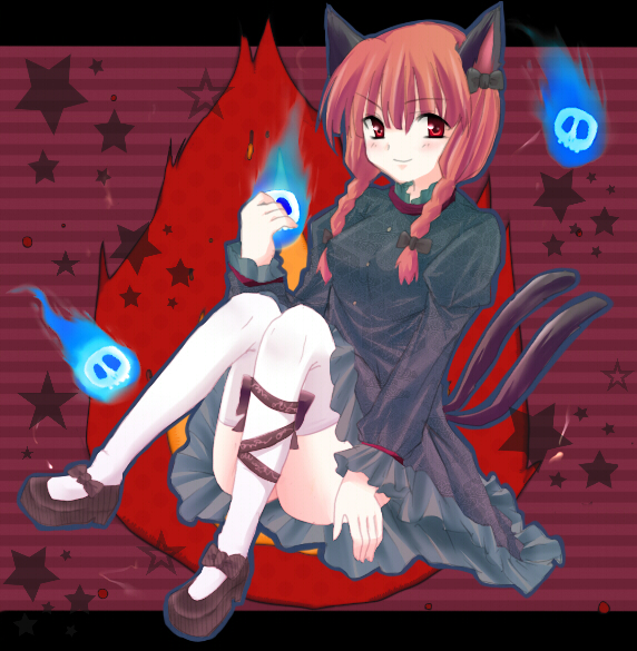 fujimura, kaenbyou rin, touhou, bad id, bad pixiv id, 1girl, animal ears, ass, braid, cat ears, cat girl, cat tail, female focus, full body, long hair, red hair, skull, solo, standing, tail, twin braids, twintails