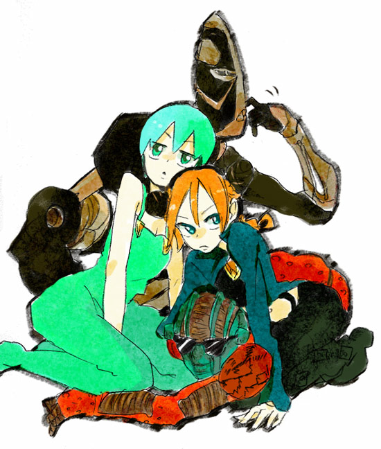 mokeo, foo fighters (jojo), foo fighters (stand), kuujou jolyne, stone free, jojo no kimyou na bouken, stone ocean, bad id, bad pixiv id, 2girls, aqua eyes, bare shoulders, braid, breasts, cleavage, double bun, green eyes, green hair, hair bun, kneeling, medium breasts, midriff, multicolored hair, multiple girls, overalls, short hair, stand (jojo), sunglasses