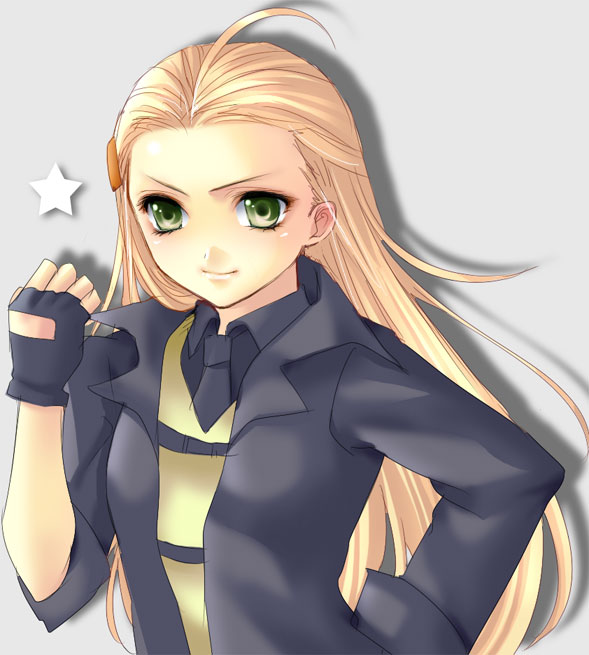 fragran0live, liquid ocelot, konami, metal gear (series), metal gear solid, metal gear solid 4: guns of the patriots, sweet snake, sweetsnake, gender request, 1girl, ahoge, blonde hair, clenched hand, female focus, forehead, genderswap, gloves, green eyes, hair ornament, hairclip, long hair, necktie, solo