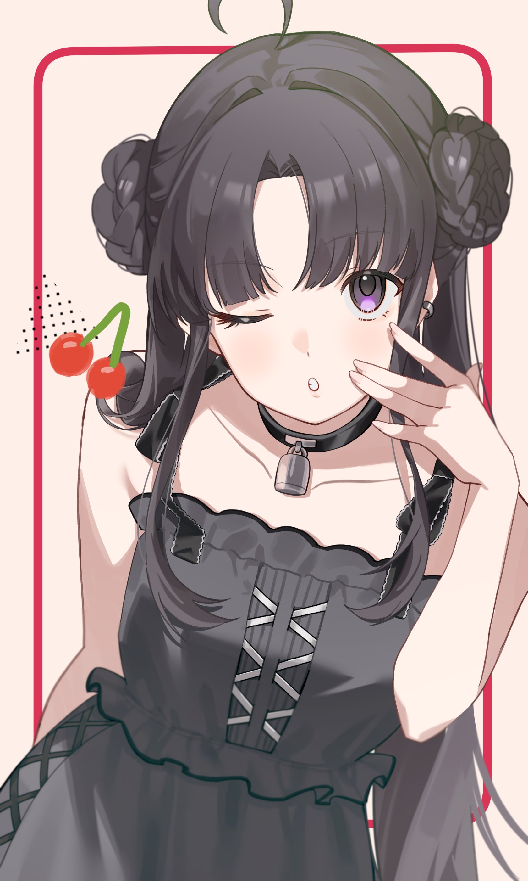kuji (orca9ji), awa subaru, girls band cry, absurdres, commentary, highres, 1girl, ahoge, black choker, black dress, black hair, cherry, choker, double bun, dress, food, fruit, hair bun, hand up, long hair, looking at viewer, one eye closed, open mouth, parted bangs, purple eyes, sidelocks, solo