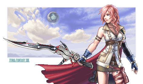 mabius, lightning farron, final fantasy, final fantasy xiii, lowres, 10s, 1girl, cape, cloud, copyright name, day, female focus, fingerless gloves, gloves, miniskirt, pencil skirt, pink hair, pixel art, skirt, sky, solo, sword, thigh strap, weapon