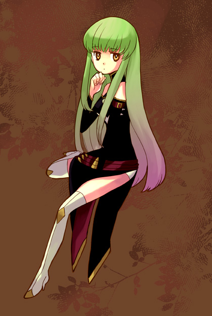 takeshiko, c.c., code geass, bad id, bad pixiv id, 00s, belt, boots, dress, long hair, multicolored hair, solo, thigh boots, thighhighs, very long hair, yellow eyes