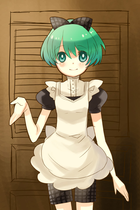 takeshiko, original, bad id, bad pixiv id, apron, bow, green eyes, green hair, hair bow, maid, maid apron, short hair, shorts, solo