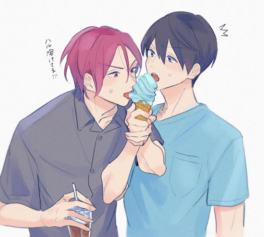 matsuoka rin, nanase haruka (free!), free!, commentary request, translation request, 2boys, blue shirt, buttons, food, grey shirt, hand on another's wrist, ice cream, male focus, multiple boys, open mouth, red hair, shaaark rotta03, shared food, shirt, short hair, sweatdrop, yaoi