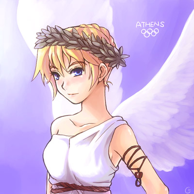 kid (chrono cross), chrono (series), chrono cross, olympics, lowres, 1girl, ancient greek clothes, angel wings, blonde hair, blue eyes, collarbone, female focus, greco-roman clothes, olympic rings, short hair, solo, upper body, wings, wreath