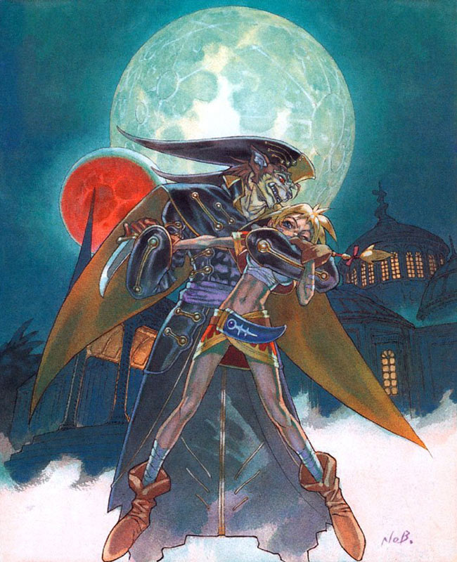 yuuki nobuteru, kid (chrono cross), lynx, chrono (series), chrono cross, official art, 1girl, bandages, blonde hair, bow, cape, hat, jacket, knife, mansion, midriff, moon, night, sharp teeth, sheath, skirt, teeth