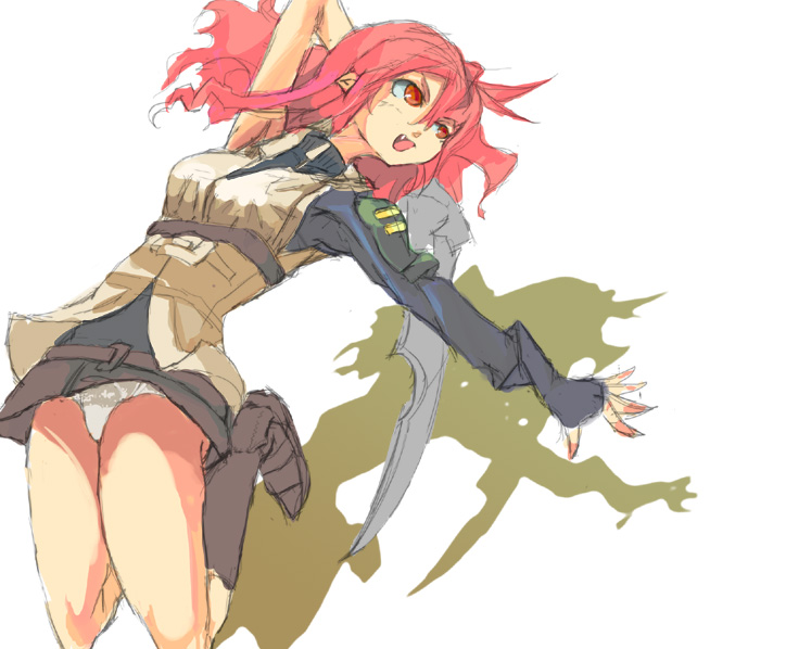 zetsu (artist), zetsu (hirao01), lightning farron, final fantasy, final fantasy xiii, bad id, bad pixiv id, 10s, 1girl, clothes lift, female focus, jumping, miniskirt, open mouth, panties, pantyshot, pink hair, red eyes, skirt, skirt lift, solo, sword, underwear, weapon, white panties