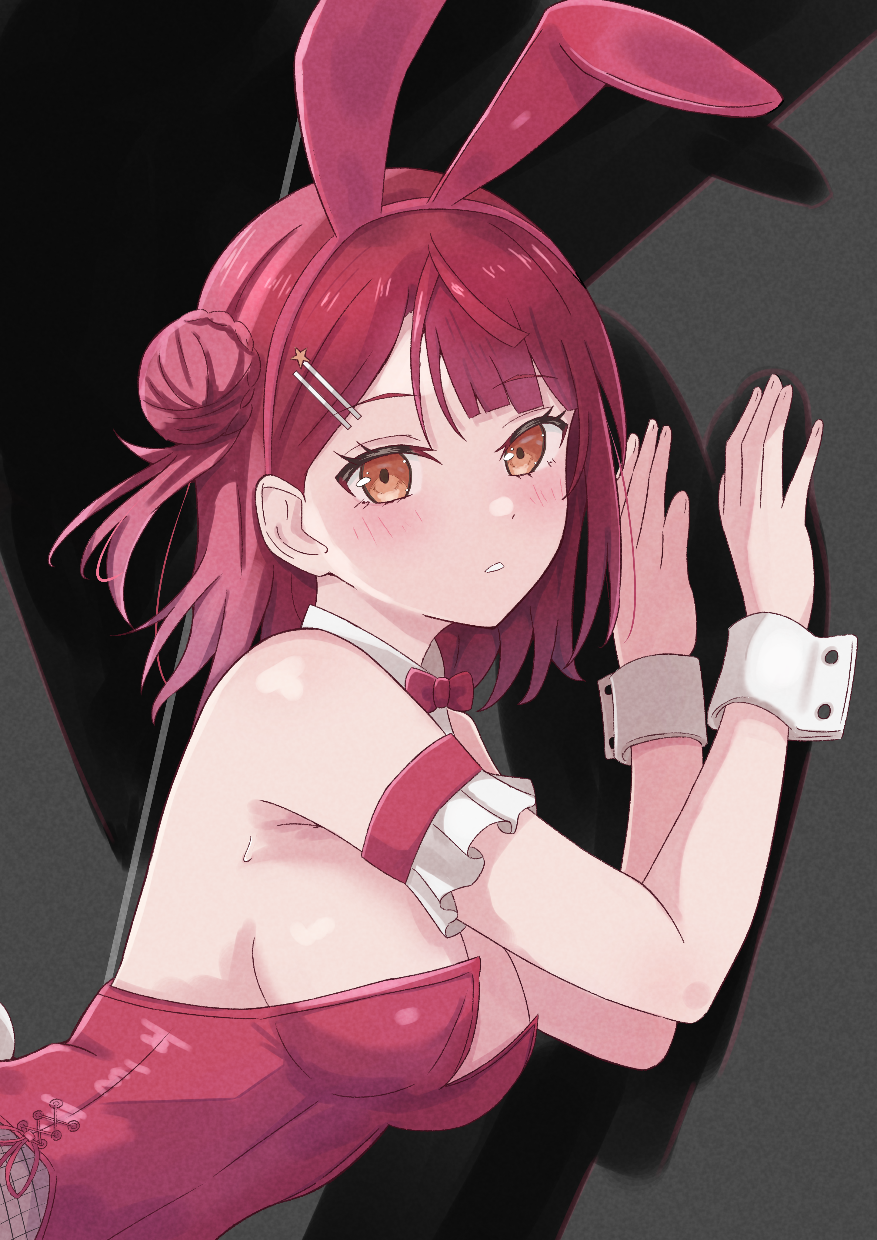 azakura (beniyomogi), uehara ayumu, love live!, love live! nijigasaki high school idol club, absurdres, commentary, highres, 1girl, animal ears, blush, bow, bowtie, breasts, brown eyes, detached sleeves, fake animal ears, hair bun, large breasts, leotard, looking at viewer, medium hair, open mouth, playboy bunny, rabbit ears, red bow, red bowtie, red hair, red leotard, single side bun, solo, strapless, strapless leotard, white wrist cuffs, wrist cuffs