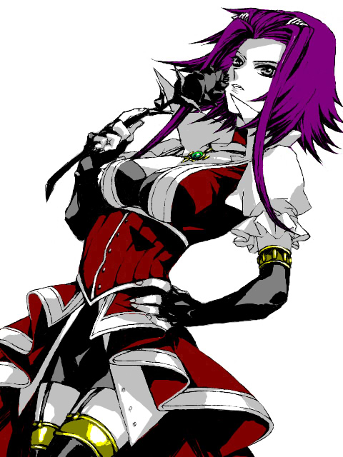 honmaguro (ran), izayoi aki, yu-gi-oh!, yu-gi-oh! 5d's, 00s, 1girl, breasts, cleavage, dress, elbow gloves, female focus, fingerless gloves, flat color, flower, garter straps, gloves, hair ornament, hand on own hip, hip focus, jewelry, miniskirt, necklace, purple hair, rose, short hair with long locks, simple background, skirt, solo, thighhighs, zettai ryouiki