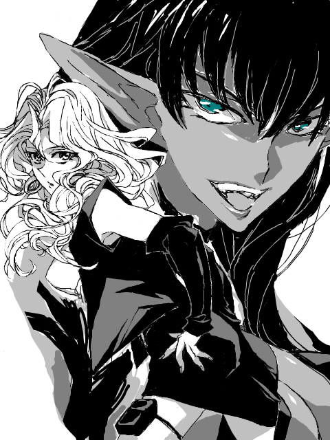 honmaguro (ran), harpie lady, harpie lady 1, kujaku mai, yu-gi-oh!, yu-gi-oh! duel monsters, 2girls, blue eyes, clothes lift, detached sleeves, duel monster, fang, fangs, greyscale, monochrome, multiple girls, oekaki, pointy ears, skirt, skirt lift, spot color, thigh strap, vest, wavy hair