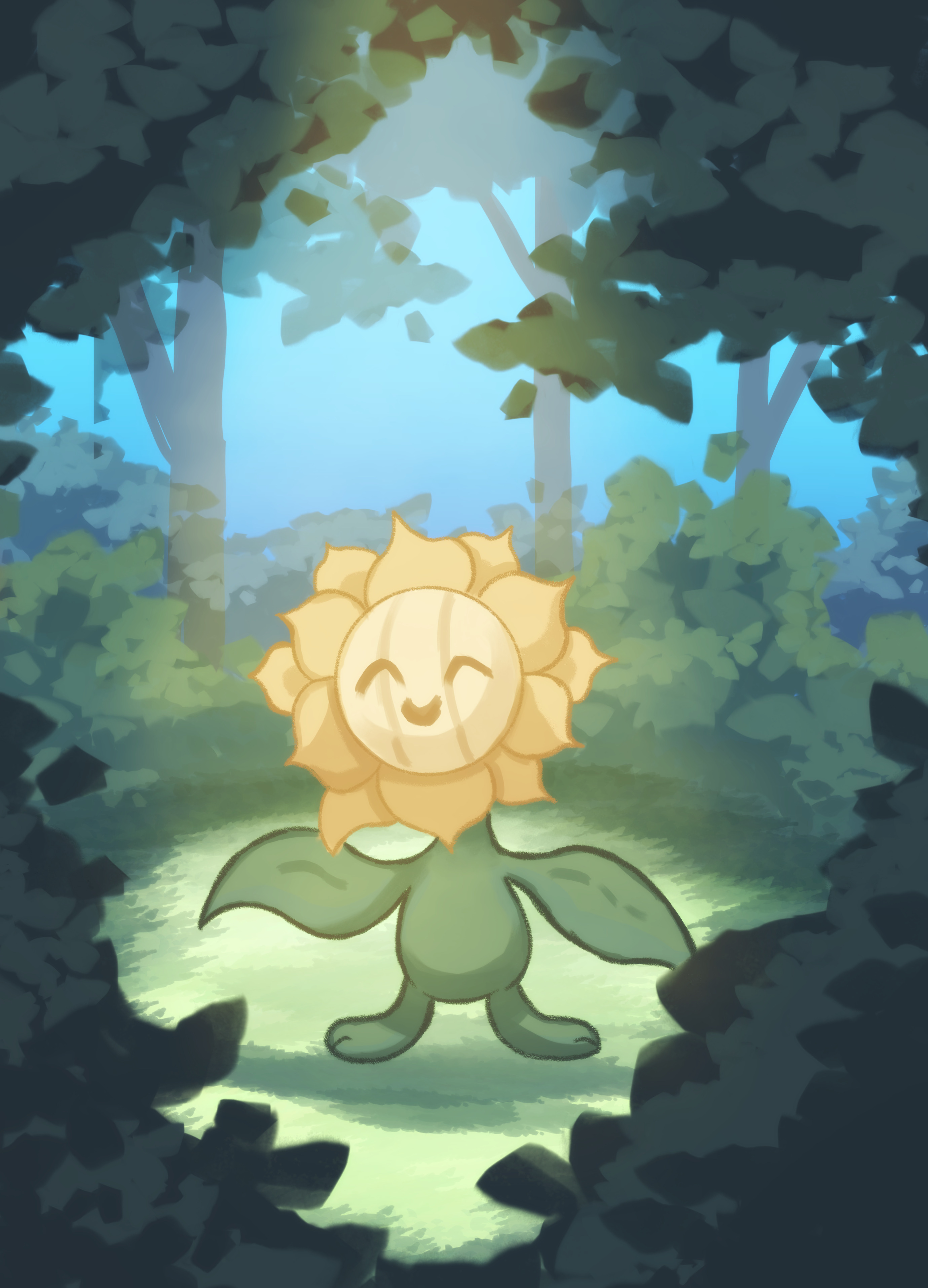 poffim, sunflora, nintendo, pokemon, absurdres, highres, day, forest, gen 2 pokemon, grass, looking at viewer, nature, no humans, open mouth, outdoors, pokemon (creature), solo, tree