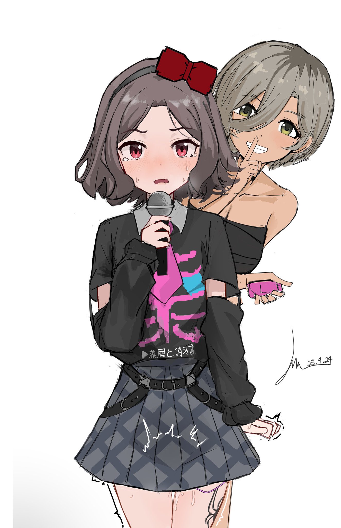 ebizuka tomo, rupa (girls band cry), girls band cry, commentary, hashtag-only commentary, highres, 2girls, black hairband, black shirt, brown hair, collarbone, controller, dated, detached sleeves, finger to mouth, grey hair, grey skirt, hair between eyes, hairband, holding, holding microphone, holding remote control, hongkwi, long hair between eyes, microphone, mole, mole under eye, multicolored hair, multiple girls, pleated skirt, pussy juice, red eyes, remote control, remote control vibrator, roots (hair), sex toy, shirt, short hair, shushing, signature, simple background, skirt, tearing up, trembling, vibrator, white background, yuri