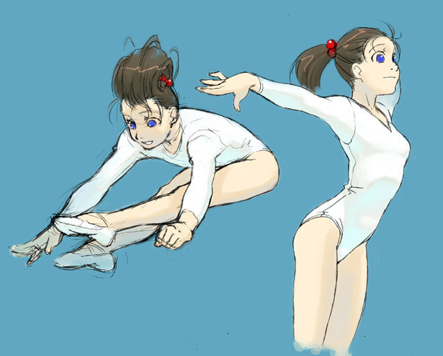 1girl, athletic leotard, black hair, blue eyes, brown hair, gymnastics, jumping, leotard, long hair